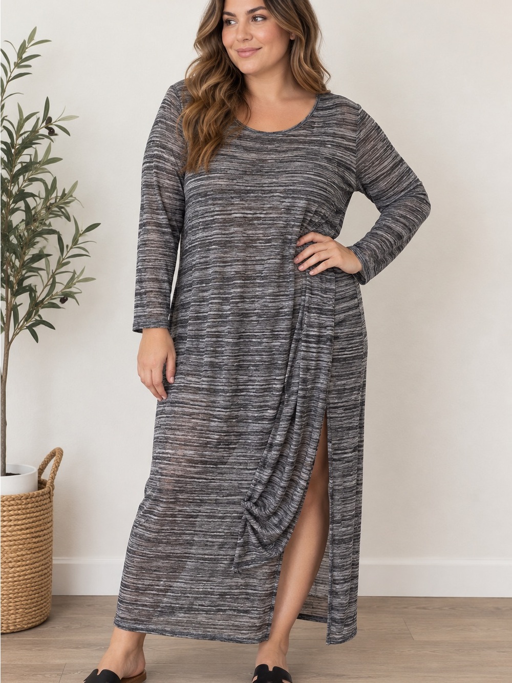 Cato Gray Striped Long Sleeve Maxi Dress with Side Drape